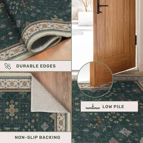 Hazo Haus Dark Green Oushak Area Rug - Modern Vintage Boho Floral Design, 10x14 Washable Non-Slip Extra Large Rug