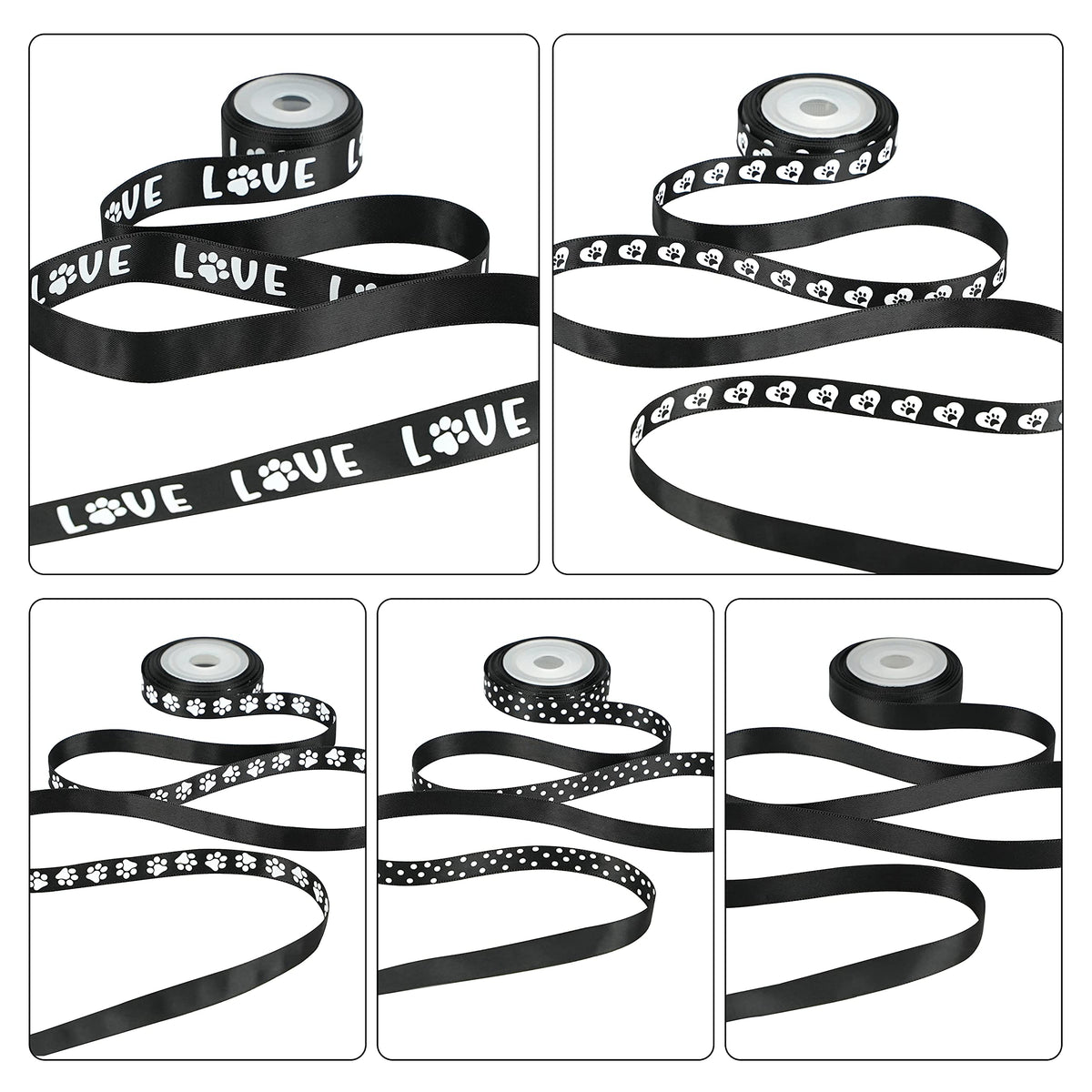HUIHUANG Paw Print Bone Satin Ribbon Assortment - Black and White, 3/8" & " 5/8" Inch, 10 Rolls 50 Yards - Assorted Ribbon for Crafts, Dog Party Supplies, Gift Wrapping & Decoration