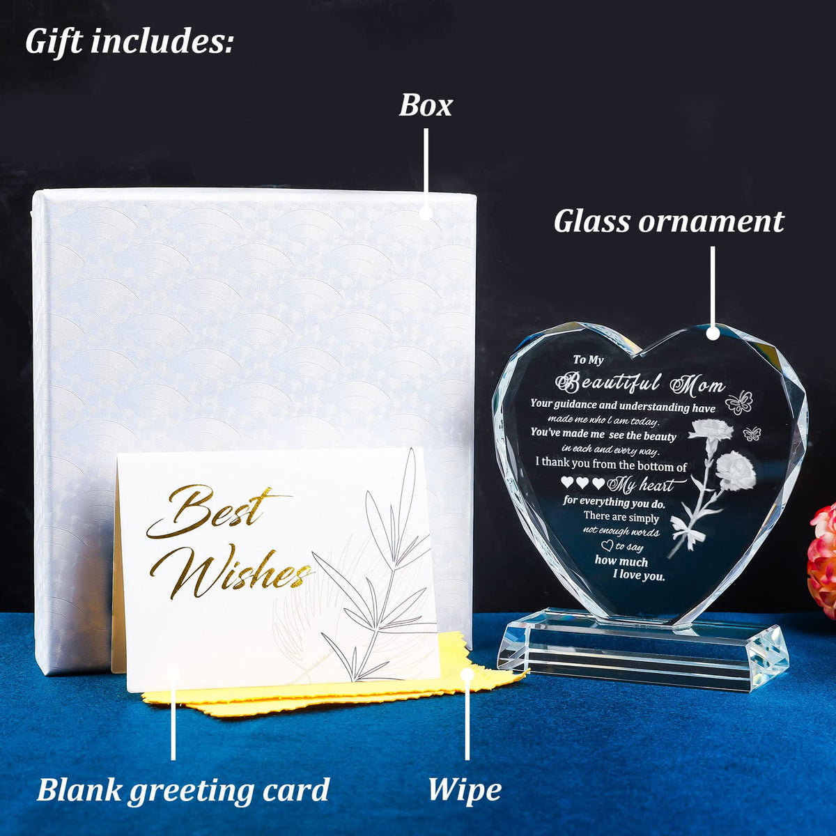 Movdyka Birthday Gifts for Mom from Daughter Unique, Mothers Day Heart-Shaped Glass Keepsake to My Beautiful Mom Gifts for Women Who Have Everything on Christmas Thanksgiving Day