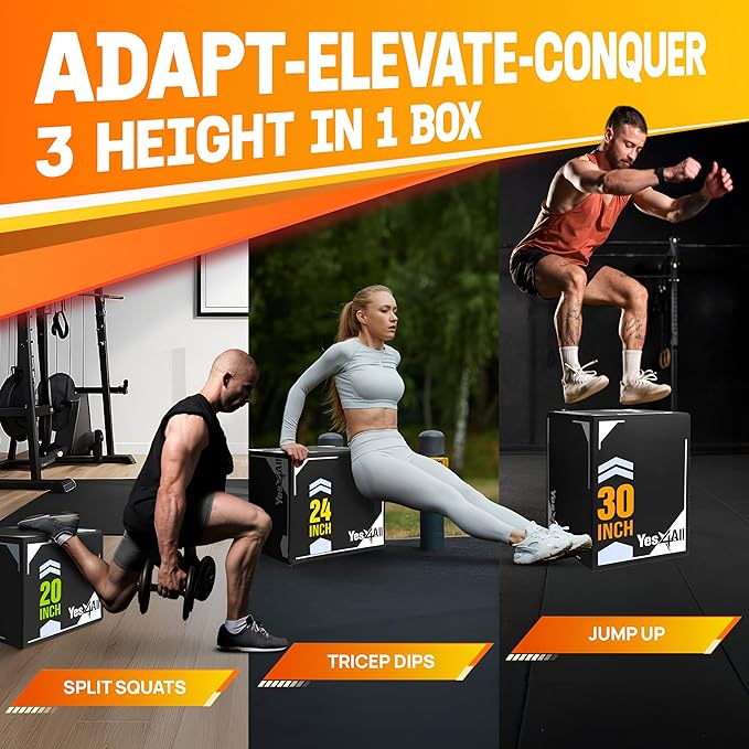 Yes4All 3-in-1 Soft-Padded Plyo Box With Wooden Core, Non-Slip Multi-Use Cushioned Plyometric Jump Box with Vinyl Cover for Jumping, Conditioning, Strength Training