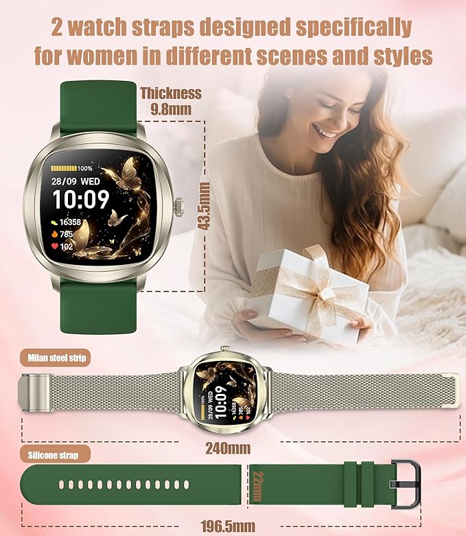 Women's 2pc Band Sports Watch/Smart Watch 1.72" Fitness Tracker with Heart Rate Monitor, 100+ Sports Modes, Sleep Tracking, 7-Day Battery, IP68 Waterproof (Champagne Gold)