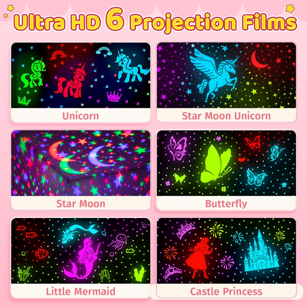 Onefire Girls Toys for Girl Gifts, 6 Films Light Projector Unicorn Toys for Girls Age 4-6, Rechargeable Night Lights for Bedroom, 360° Rotating Butterfly Decor Mermaid Gifts Princess Baby Toddler Toys