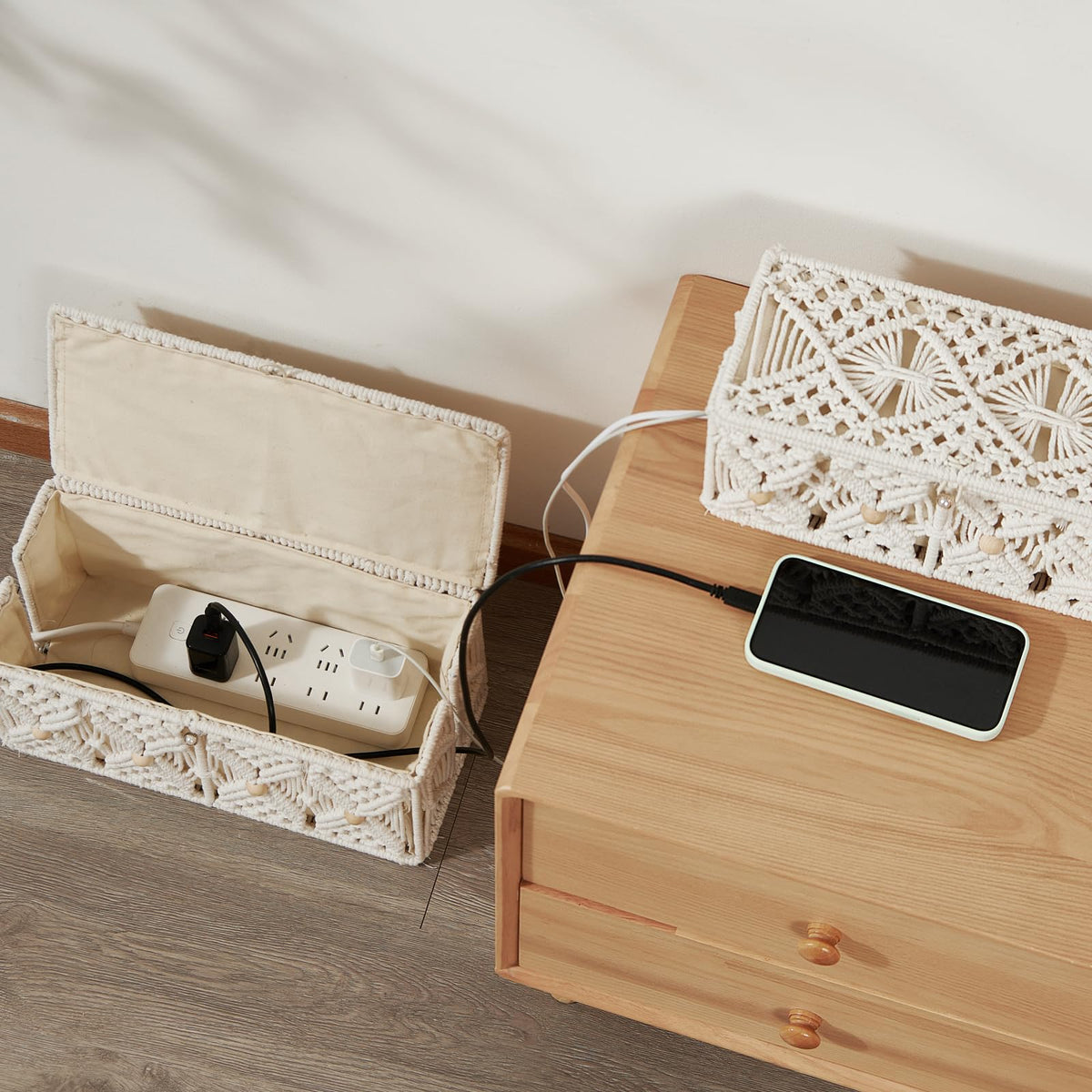 VinneGenzz 2PCS Cable Management Boxes Handmade Macrame Cord Storage Organizer Power Strips Outlet Router TV Wire Hider Cover Under Desk Natural Cotton Rope Woven Box with Lid (1 Large 1 Medium)