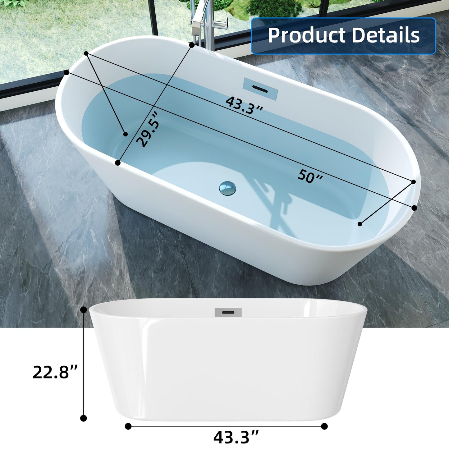 59" Free Standing Tub, Acrylic Soaking Bathtub, Stand Alone Freestanding Tub with Matte Sliver Drain and Overflow, Contemporary Bathtub for Bathroom, Burnish White
