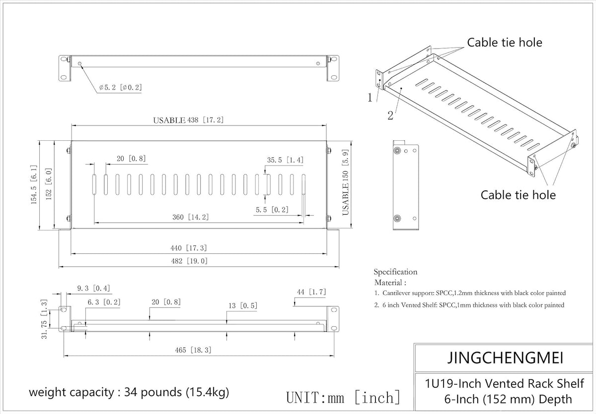 JINGCHENGMEI 2 Pack 1U 6" (154mm) 19" Black(6V2PC) of Vented Cantilever Server Rack Mount Shelf Deep for Network