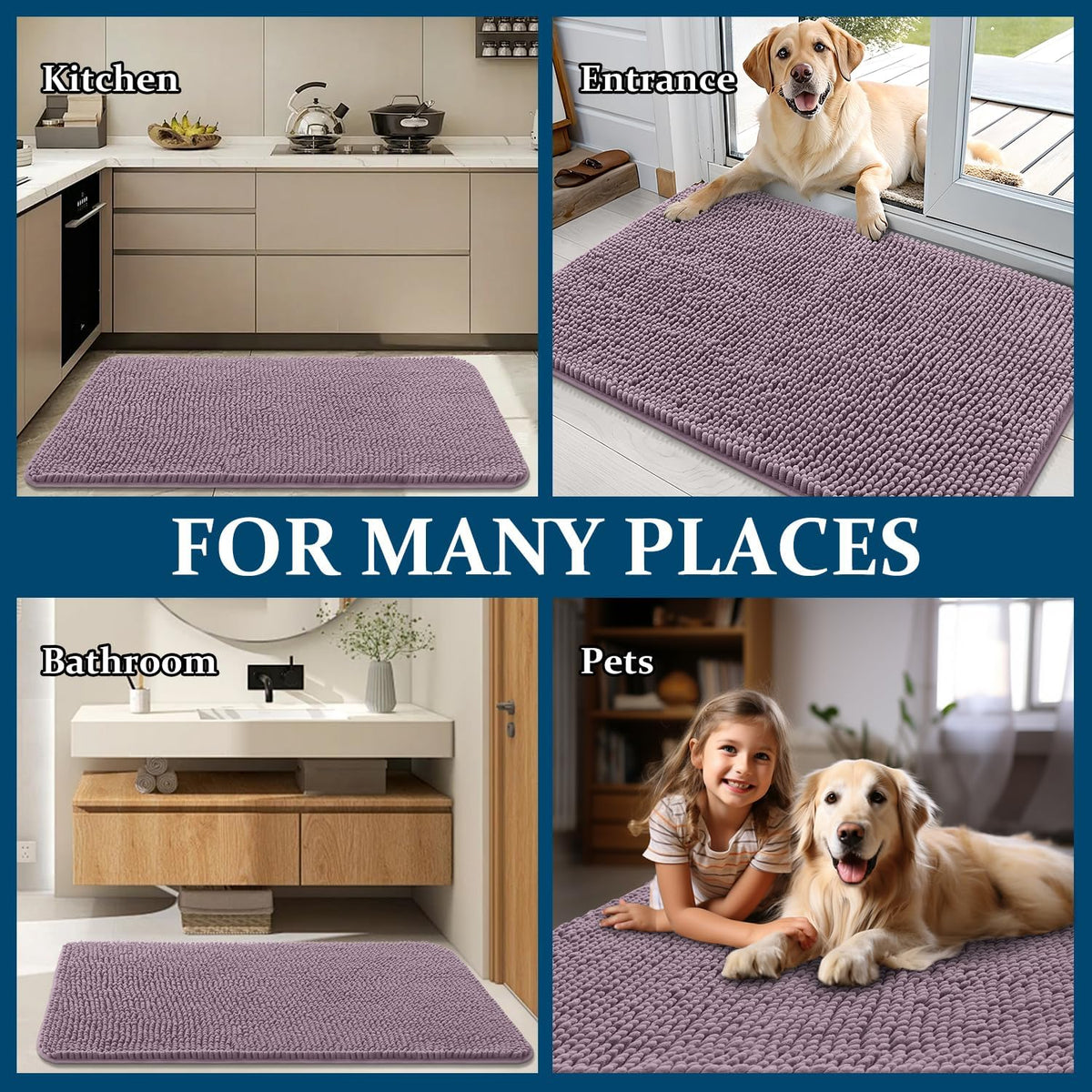 OLANLY Dog Door Mat - Absorbent Non-Slip Chenille Mat for Muddy Paws | Quick Dry, 70x46, Deep Plum