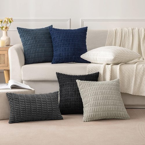 MIULEE Euro Sham Pillow Covers - Soft Boho Striped Corduroy | 24x24 Inch for Modern Farmhouse Decor - Blue