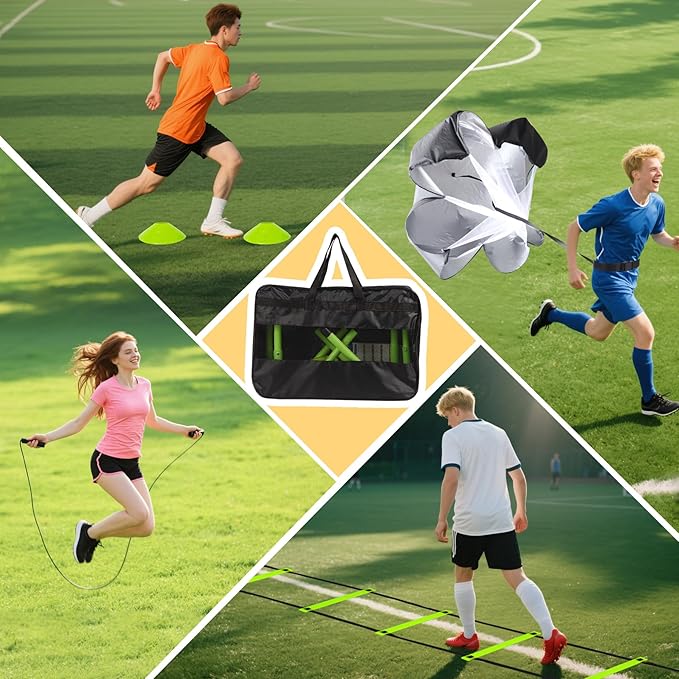 Agility Ladder, Agility Speed Training Set, 20ft 12 Rung Agility Ladder, 4 Agility Hurdles, 5 Resistance Bands, 12 Resistance Cones, Running Parachute, Jump Rope for Athletes, Adults