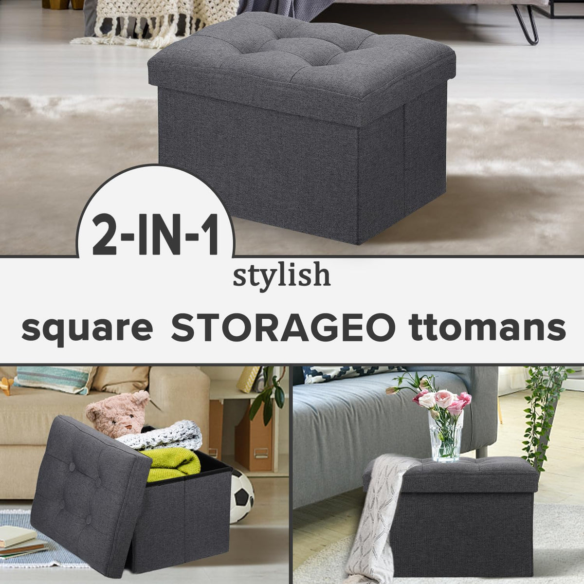 LINMAGCO Ottoman Storage Ottoman with Storage Small Foot Rest Stool Under Desk Stool Short Folding Footrest Linen Cloth Dark Gray 16X12X12IN