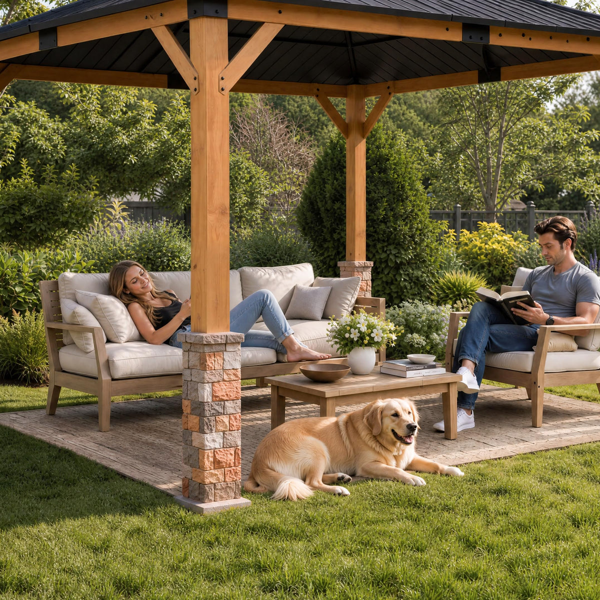 10' x 12' Wood Gazebo, Permanent Pavilion with Hardtop Galvanized Steel Double Roof, Cedar Gazebo with 4.72" Thickened Wooden Posts for Poolside, Patio, Backyard, Garden and Deck