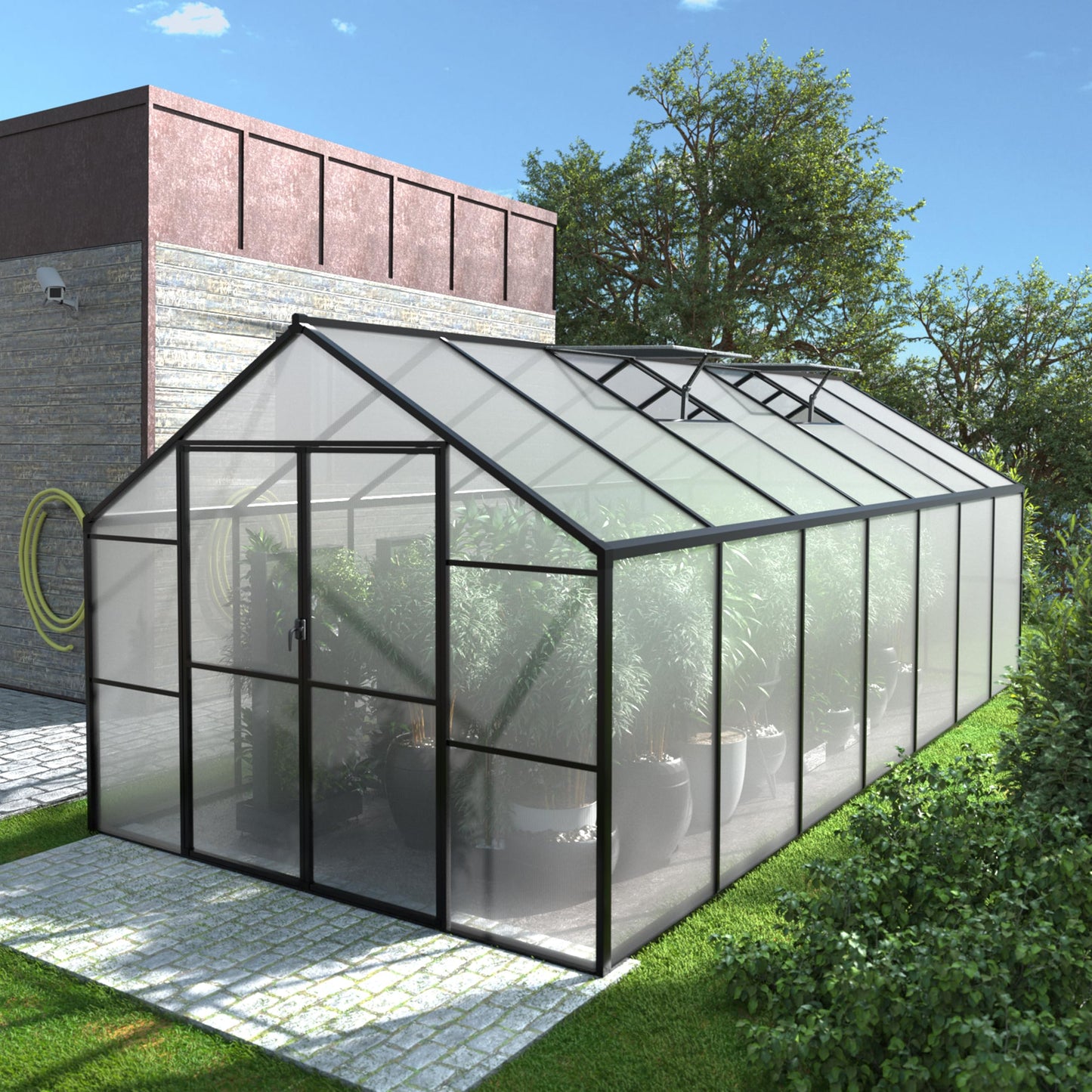 Yardenaler 8x14 FT Green House for Outdoor, Polycarbonate Aluminum Walk-in Greenhouse Kit with Lockable Door and Adjustable Roof Vents, Backyard Garden in Winter, Gray