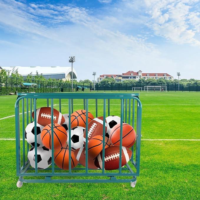 Sports Equipment Organizer Foldable Mental Sports Ball Storage Cart with Lid and Wheels Rolling Ball Cart for Gym, School, Indoor and Outdoor