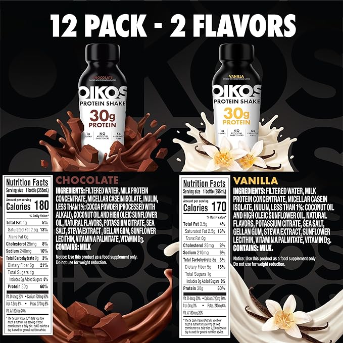 Oikos Protein Shake, Exclusive Variety Pack, 30g High Protein Drinks, Shelf Stable, Ready to Drink, 5g Prebiotic Fiber, 12 fl oz Bottle (8 ct Chocolate, 4 ct Vanilla)