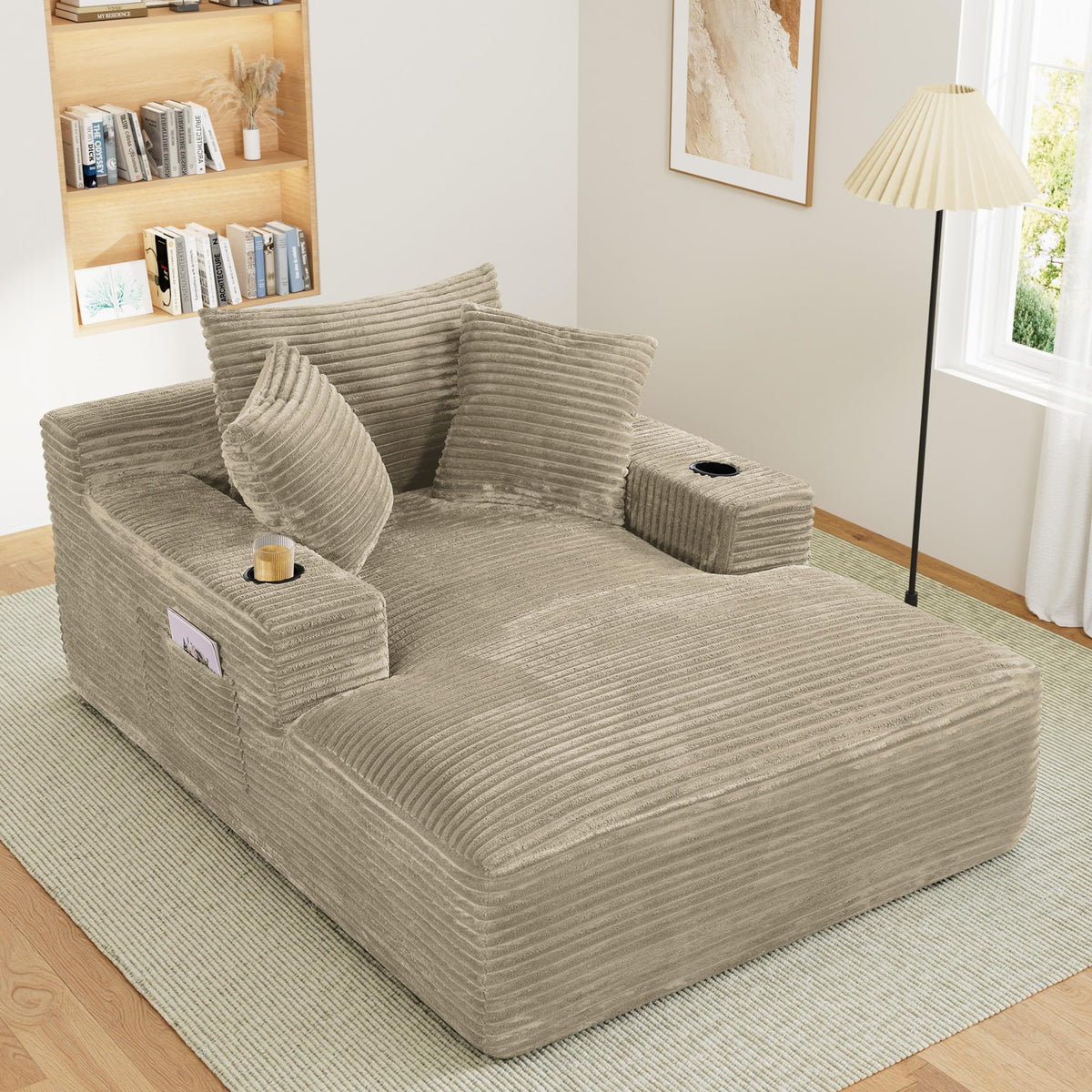 Oversized Chaise Lounge Chair Indoor with Cup Holders & Side Pocket, 50"W x 68"D Plush Corduroy 30D High Density Sponge Boneless Chair with Thickened Backrest Comfy Reading Chair - Light Camel