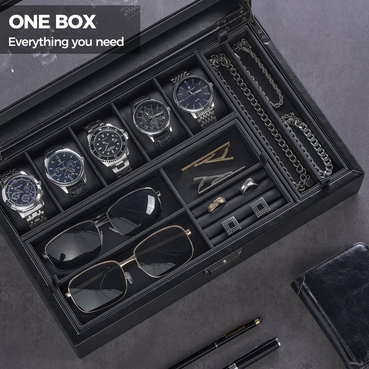 ProCase Men's Jewelry Box, 5-Slot Wood Watch Display Case Jewellry Storage Organizer for Sunglasses Rings Accessories with Hidden Compartment, Watch Holder with Glass Lid, Gift for Men -Black