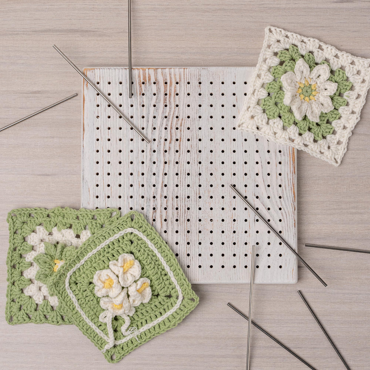 Premium Beech Wood Crochet Blocking Board Kit with 50 Stainless Steel Pins, Storage Drawer, Adjustable Stand, Ideal for Granny Squares, Crochet Projects, and Knitting (9.5" Pine)