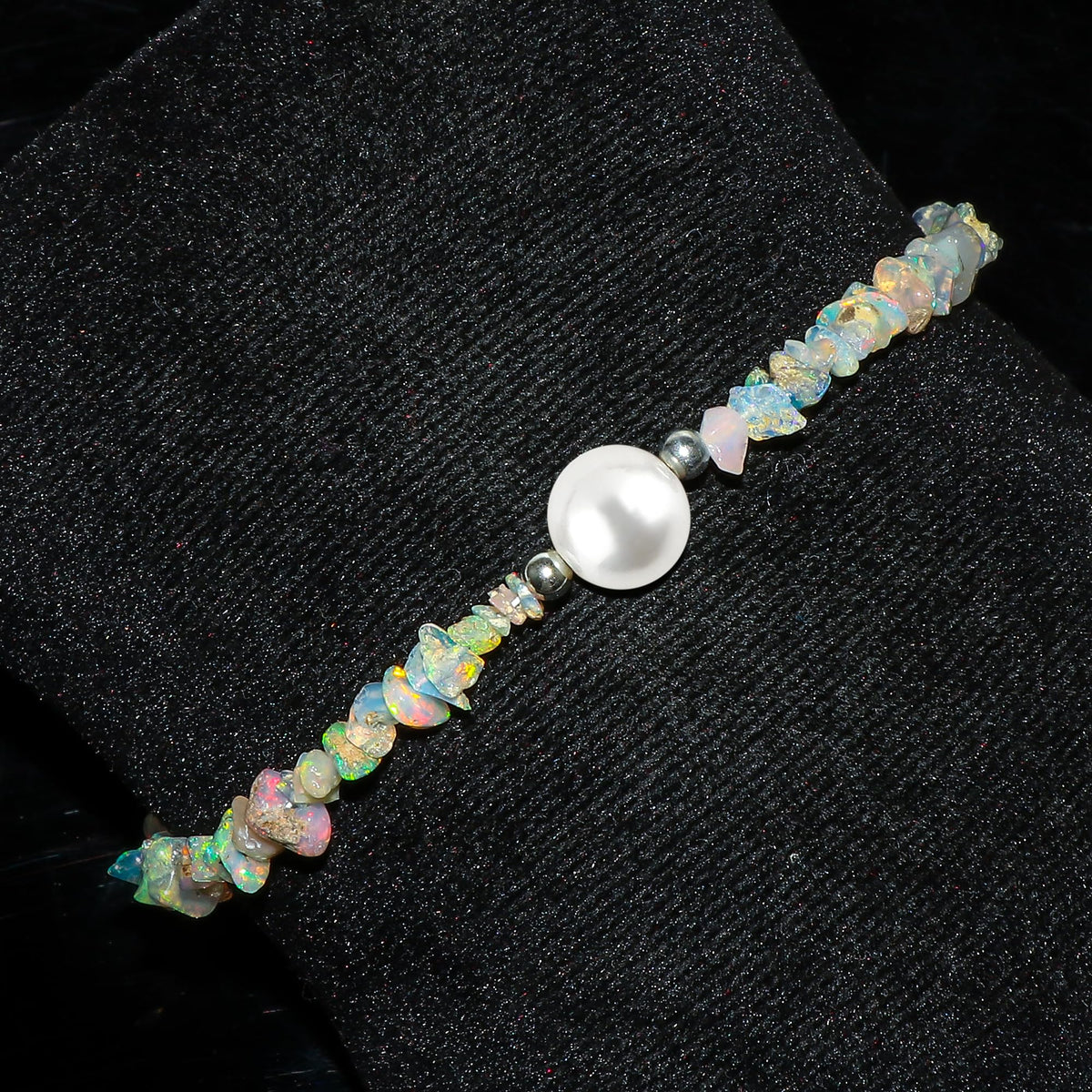 Crystals for Calm - Natural Ethiopian Opal Beads Slider Bracelet with Elegant Pearl, High Grade Nuggets Crystal, Chakra Healing Gemstone, Gift Giving Women Jewelry, Silver Plated Slider 10 inch