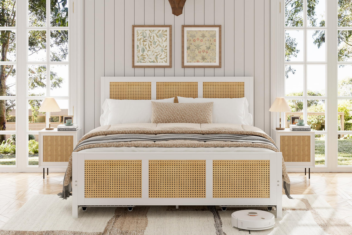 Garvee Rattan Queen Bed Frame with LED Headboard (7 Colors), Boho Cane Platform Bed with 4 Large Drawers, Strong Metal Slats Support, Noise Free, No Box Spring Needed, Easy Assembly, White