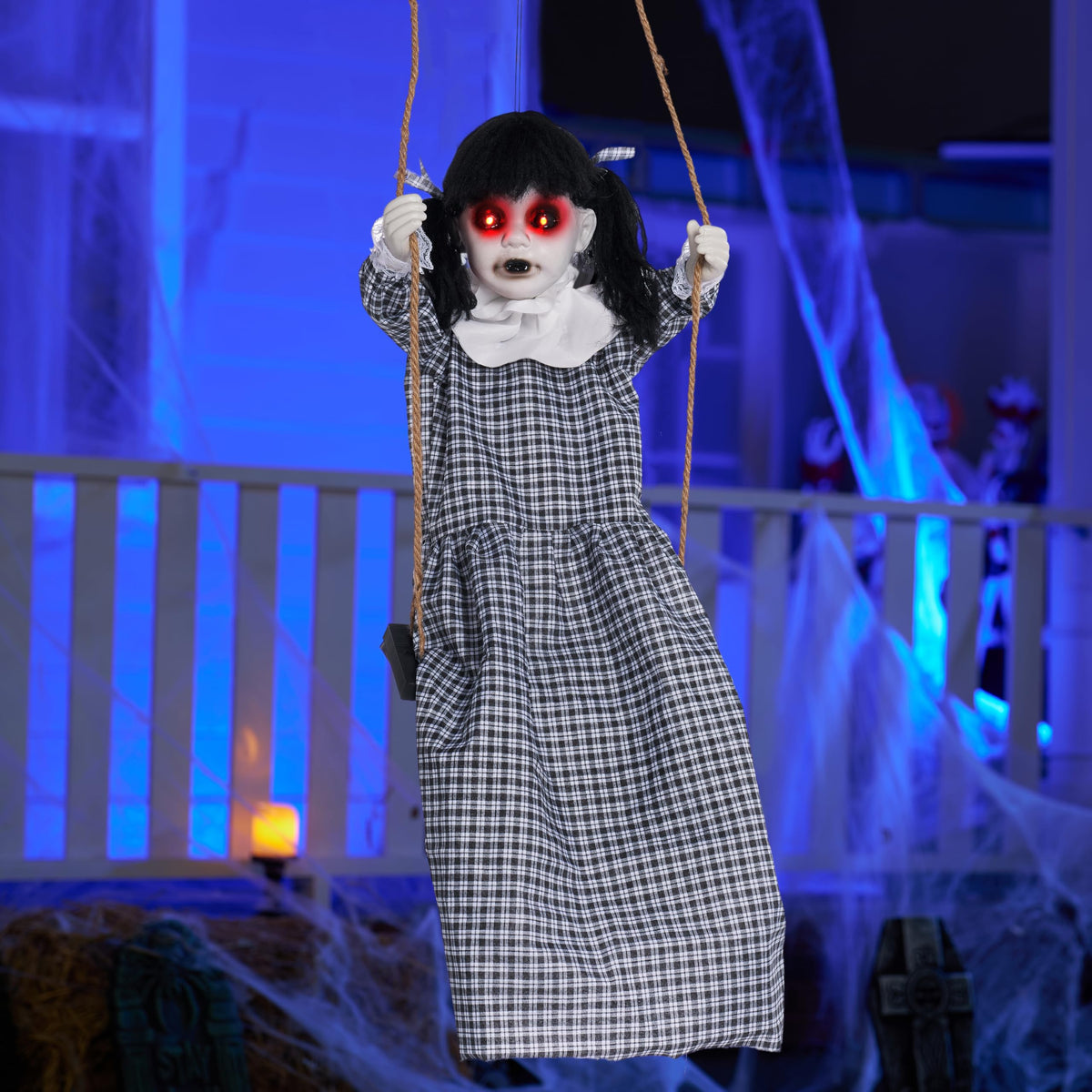 JOYIN Outdoor Halloween Hanging Scary Swing Girl Decorations, Outdoor Swinging Doll with Creepy Sound and Light Up Eyes Sound, Animated Hanging Decors Activated for Garden Yard Lawn