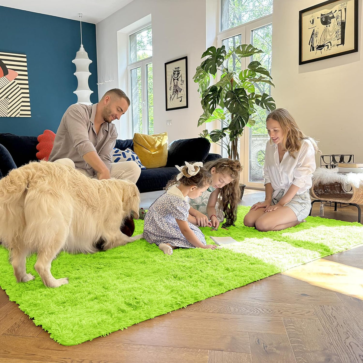 OLANLY 3x5 Machine Washable Bedside Rug - Soft Fluffy Shaggy Carpet for Kids & Nursery | Lime Green