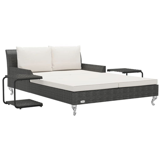 JHQHSM Black Rattan 2-Person Garden Sun Bed with Cream White Cushions, Outdoor Sun Lounger for Patio