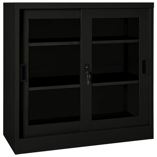 mtlskopl Sliding Door Storage Cabinet Black Steel Matte Tempered Glass 35.4 x 15.7 x 35.4 in Adjustable Shelves Lockable Office Garage Living Room Bathroom Organizer