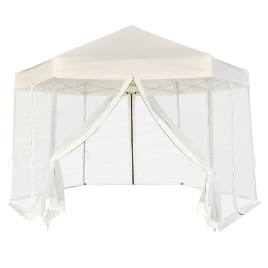 Hexagonal Gazebo Cream White, 11.8x11.8x9.2 ft Outdoor Canopy Tent with Mesh Sidewalls, Portable Pop Up Patio Shelter for Parties, Weddings, Backyard Events Lawn Structures