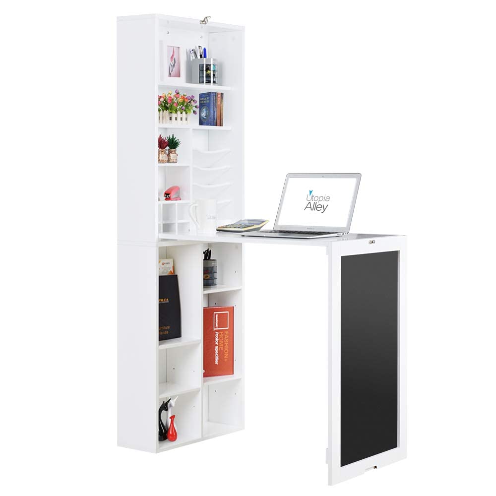 Utopia Alley Collapsible Fold Down Desk Table | Chalkboard Wall with Storage Cabinet & Bottom Shelves, Multipurpose Foldable Desk for Home, Office, Crafting, and More (White)
