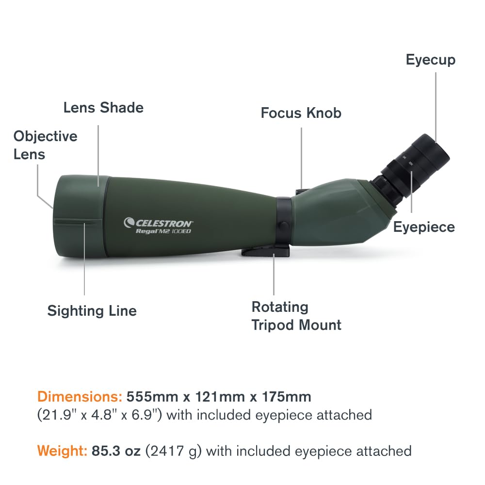 Celestron – Regal M2 100ED Spotting Scope – ED Glass for Birding and Outdoor Activities – Phase and Dielectric Coated BaK-4 Prism – Fully Multi-Coated Optics – Dual Focus – 22-67x Zoom Eyepiece