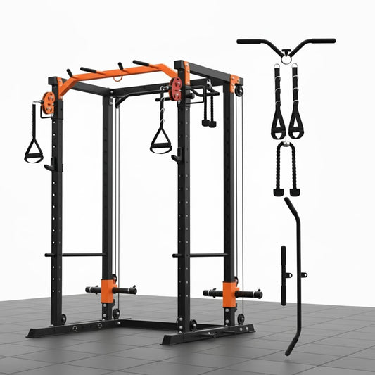 GarveeLife Power Cage, All-in-1 Home Gym with LAT Pulldown & Cable System, 2000LBS Squat Rack for Home & Garage & Apartment Use, Workout Cage with More Attachments (Orange