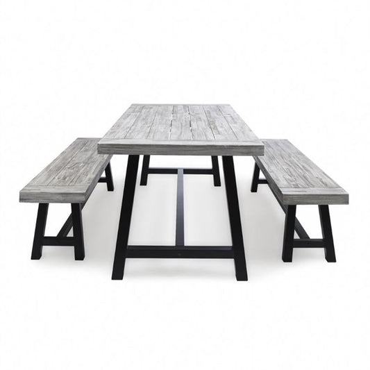 GDFStudio Cassie Outdoor Modern Industrial 3 Piece Acacia Wood Picnic Dining Set with Benches, Sandblasted Light Gray and Black Rustic Metal