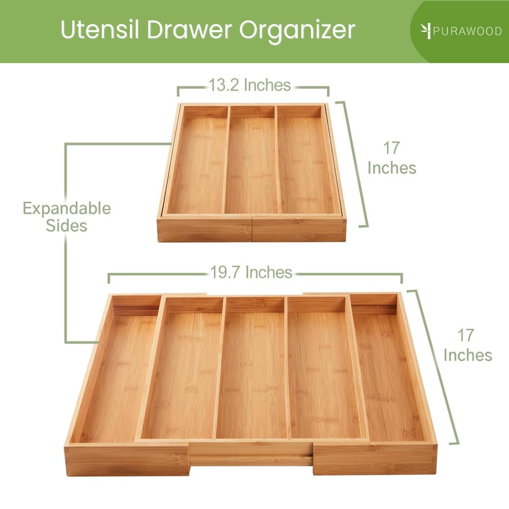 Purawood Kitchen Drawer Organizer - Expandable Utensil Drawer Organizer for Kitchen, Cutlery Tray & Silverware Organizer, 3-5 Slots - Bamboo Organizer for Utensils & Flatware (Natural)