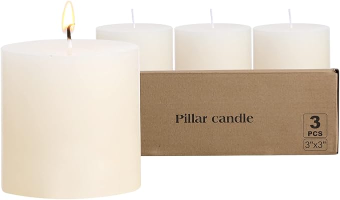 3×3 Ivory Pillar Candles Set of 3 Unscented Handpoured Weddings, Home Decoration, Restaurants, Spa, Church Smokeless Cotton Wick - Ivory 90 Hour