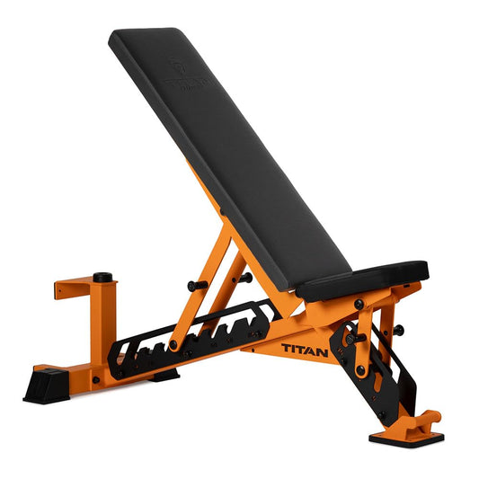 Titan Fitness TITAN Series Orange Adjustable Bench, Supports 600 LB Incline, 1,000 LB Flat, Versatile Single Post Utility Workout Bench for Home Gym, Weightlifting, Strength Training