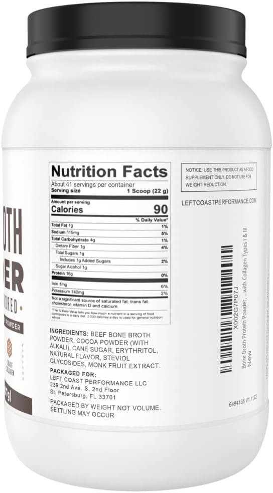 Bone Broth Protein Powder, Chocolate, Grass Fed 2lbs, 42 servings 16g protein, 13g Collagen. Low Carb, 2 net Carb, Dairy Free, Keto Friendly Bone Broth Protein Supplement with Collagen Types I & III