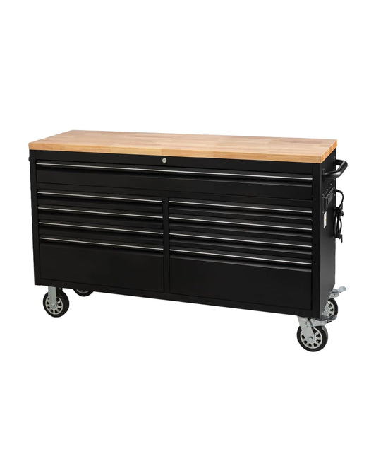 GarveeTech 61-Inch Heavy-Duty Rolling Tool Chest & Mobile Workbench with 9 Drawers, Rubber Wood Tabletop, Key Locking System, Drawer Liners and Wheels, Steel Storage Cabinet for Garage, Workshop