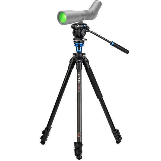 Benro A1573F Aluminum Tripod for Spotting Scopes, Binoculars, Outdoor Field Viewing, Leveling Base, Smooth Fluid Head w/Sliding QR Plate, Flip Locks, Case, Adjustable Legs, 62" Max Ht, 5.5lb Payload