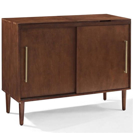 BOWERY HILL Mid-Century Media Console Table, 44 in x 18 in x 34.25 in, MDF/Birch Veneer, Mahogany Finish, Gold Metal Hardware, Hinged Top, Vinyl Record Storage, Sliding Doors, Living Room Turntable