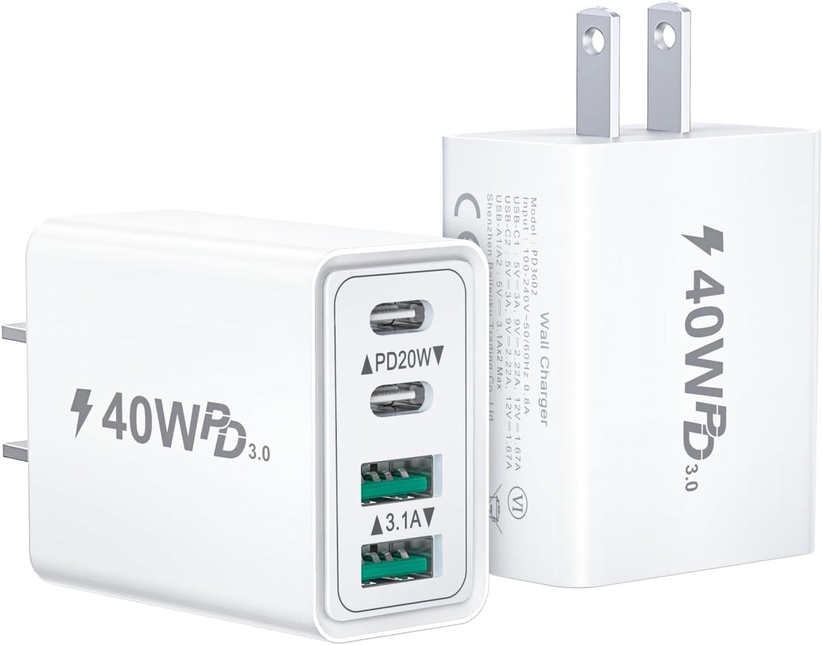 Cysfakun [2-Pack] Block,40W Cube,4-Port 15/14/13/12/11/Pro Max/XS/XR/8/7,iPad, USB C Charger Wall Plus Fast Charging