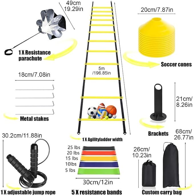 Agility Ladder, Speed Training Equipment Set, 20ft 12-Step Agility Ladder with 4 Fixed Steel Spikes, 5 Resistance Bands, 12 Football Cones, Jump Rope, Running Resistance Umbrella for Kids Teens Adults