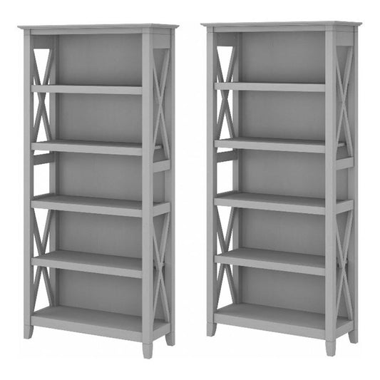 Bush Home Key West 5 Shelf Bookcase - Set of 2 | Tall Bookshelves in Cape Cod Gray | Sturdy Display Shelves for Library, Living Room, and Home Office