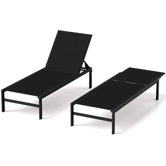 HAPPYGRILL Aluminum Chaise Lounge Chair, Heavy-Duty Patio Recliner W/ 6-Level Backrest & Breathable Fabric, Outdoor Lightweight Reclining Lounge Chair for Backyard, Poolside, Porch (2, Black)