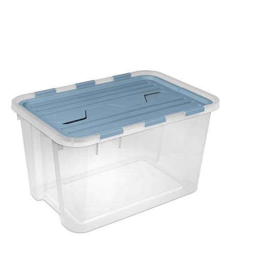 Sterilite 24 Pack Hinged Lid Storage Box, 60 Qt Plastic Container, Washed Blue - Home Organizer Tote for Storing Shoes, Crafts, Clothing, or Decor