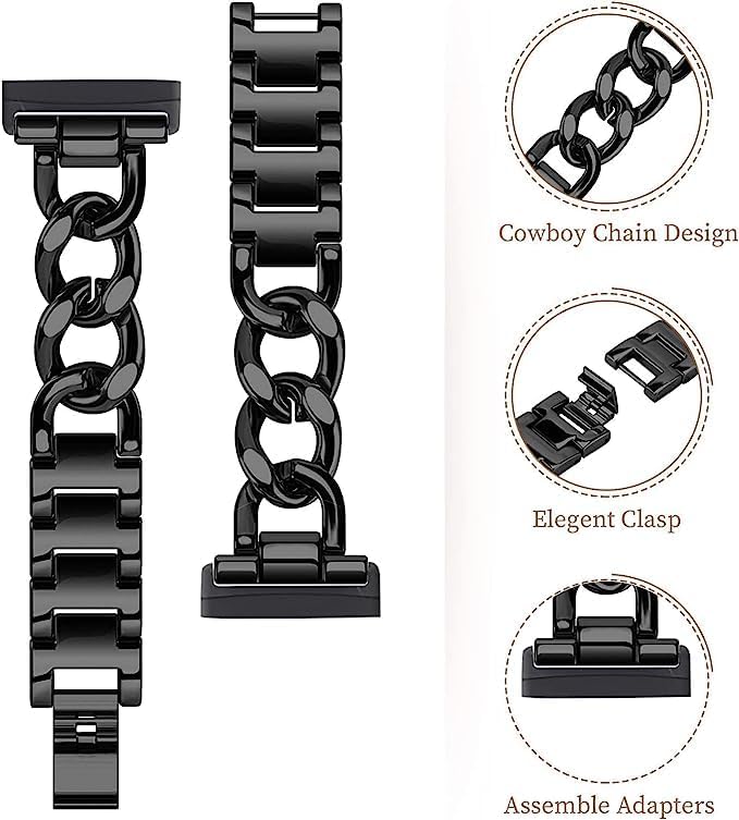 Cool Women Chain Metal Smartwatch Bands Compatible for Fitbit Sense/Fitbit Versa 3 Bands for Dressy Women, Metal Wristband Strap for Fitbit Sense 2/Versa 4 (Black)