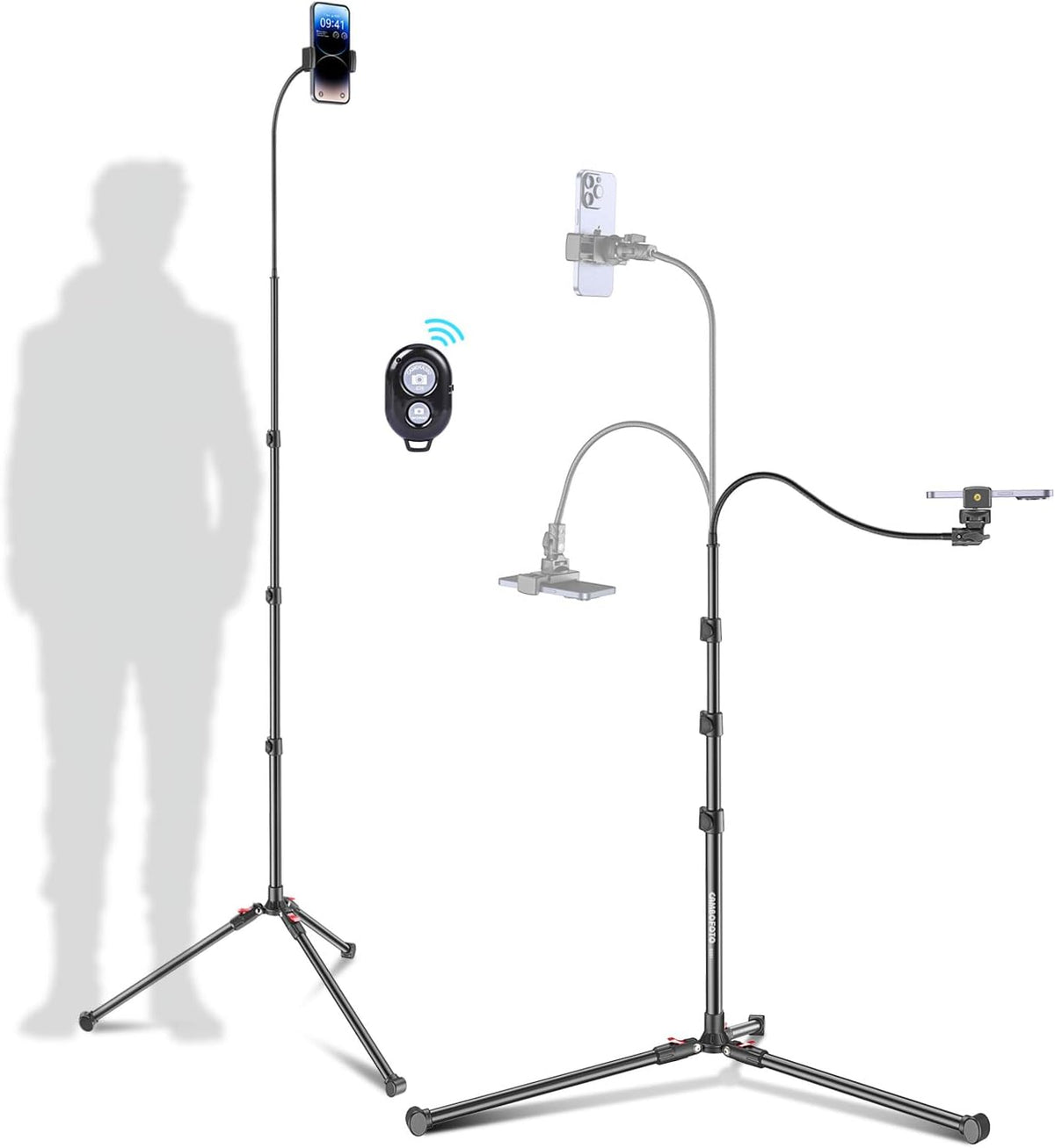 CAMBOFOTO 87" 15.7" 360 Phone Tripod, Overhead Flexible Tall Tripod Stand with Remote, Selfie Stick, Compatible