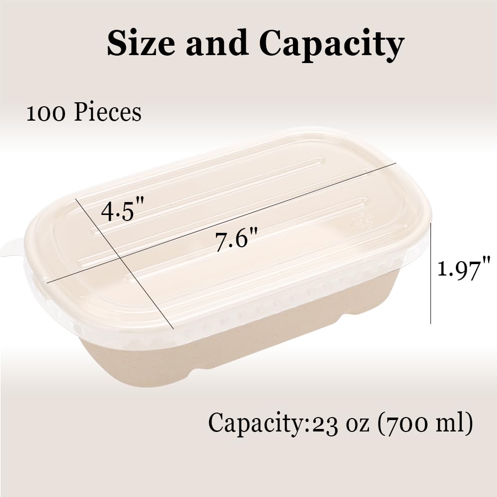 100 Pack 23 Oz Disposable Meal Prep Containers with Lids, Rectangle Paper Bowls with Lids for Salad,Leftovers, Leak-proof To Go Food Box Cardboard Lunch Box Compostable Take Out Food Containers