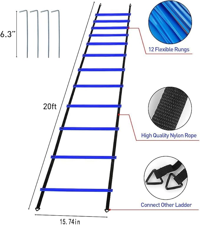Pro Speed & Agility Training Set—Includes 12 Rung 20ft Adjustable Agility Ladder with Carrying Bag, 12 Disc Cones, 4 Steel Stakes, 1 Resistance Parachute, Use Equipment to Improve Footwork Any Sport