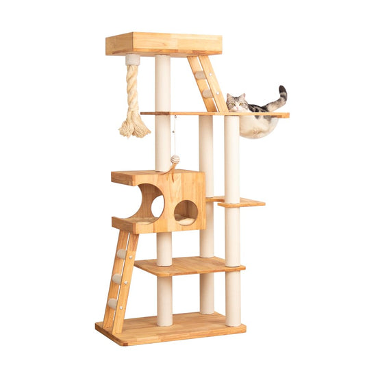 PETTIFUL Wood Cat Tree for Large Cats, 62-Inch Tall Modern Cat Tower with Condo & Scratching Posts - Easy to Clean, Heavy-Duty, Furniture-Grade Design for Stable Climbing, Eco-Friendly (White 62'')
