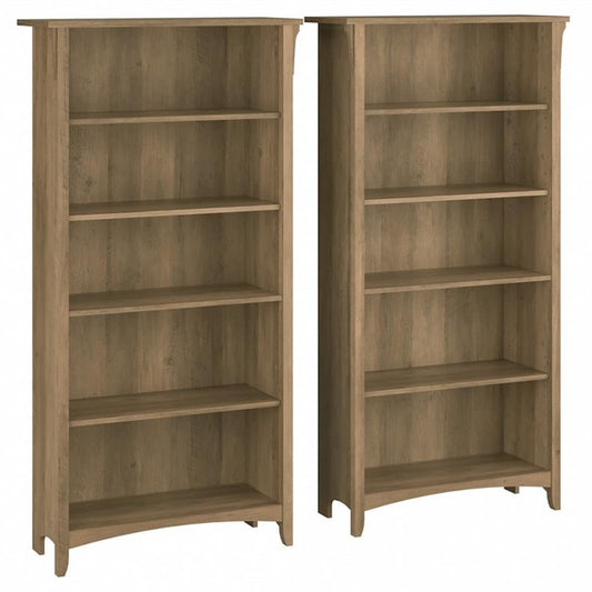 Bush Home Salinas Tall 5 Shelf Bookcase - Set of 2 in Reclaimed Pine, Vertical Office Storage, Bookshelves for Home Workspace, Multi-Purpose Shelving Units