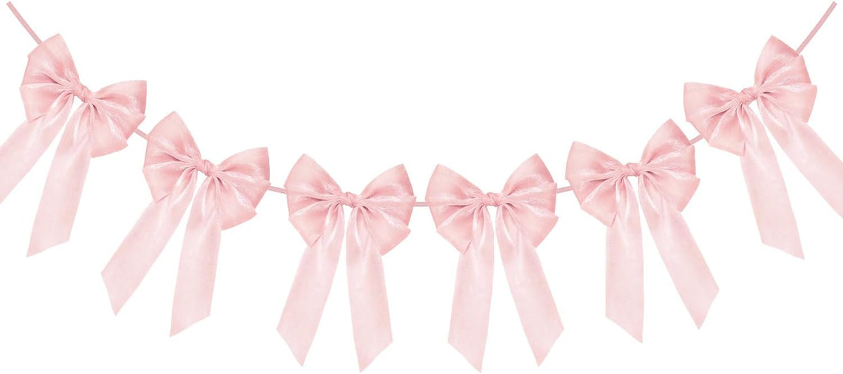 Skiennix 6.5ft Pink Bows Garland Banner - 6 Pcs Pre-Strung Bow Party Decorations for Birthdays & Showers
